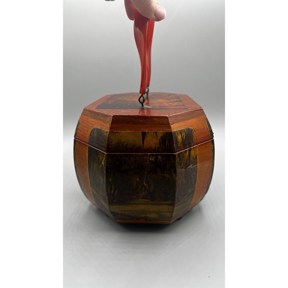 Vtg Wooden Octagon Purse Decoupage Forsyth Park Savannah Lacquered Lucite Handle - Picture 5 of 15